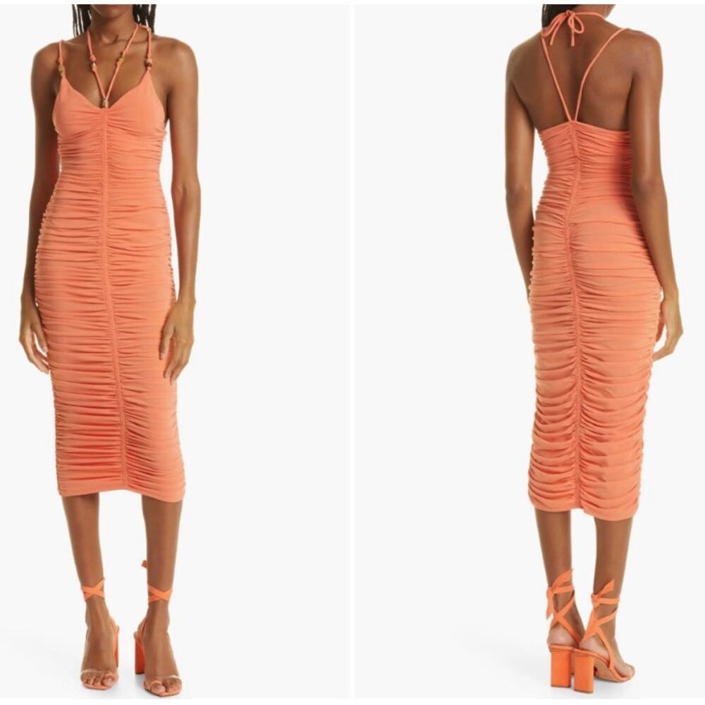 A.L.C. Allegra Ruched Beaded Midi Dress XS Sangria Orange